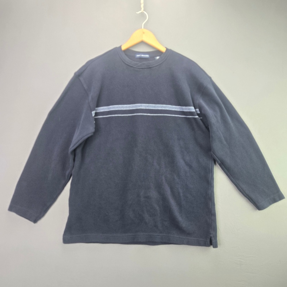 John Ashford Sweater Mens Large Navy Blue Striped Crewneck Cotton Knit Pullover